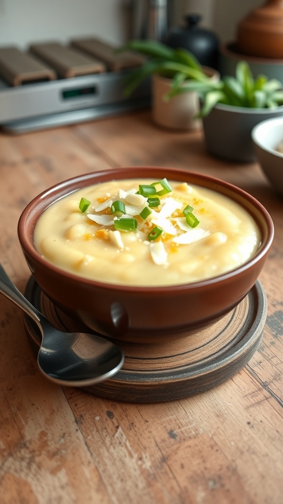 Creamy corn grits in a bowl, garnished with cheese and green onions, on a rustic table.